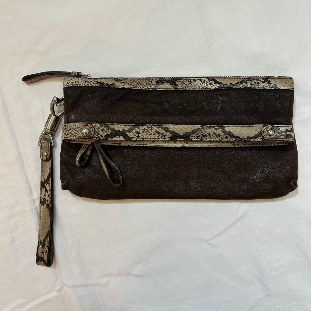 Kenneth Cole New York Leather Wristlet Clutch Brown Snake Print Fold‎ Over